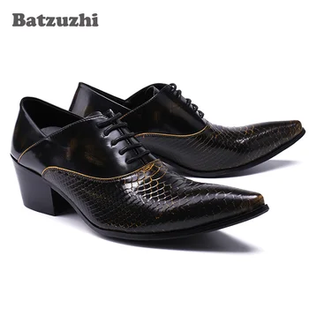Batzuzhi/мъжки обувки на ток 6,5 см, вечерни кожени модела обувки с остър пръсти дантела, мъжки обувки за сватби и партита, Zapatos Hombre, EU38-46