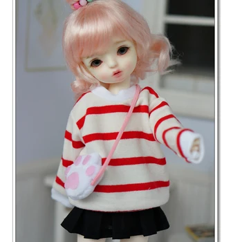 BJD куклен пуловер с качулка в бяло и червено райе, ризи 1/6 YOSD MYOU imda3.0, аксесоари за кукли, дрехи за кукли