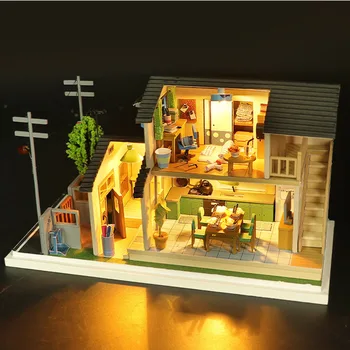 DIY Wooden Куклена Къща Японската Архитектура Casa Строителни Комплекти Модел куклена Къща С Мебели И Осветление Играчки За Деца И Възрастни Подаръци