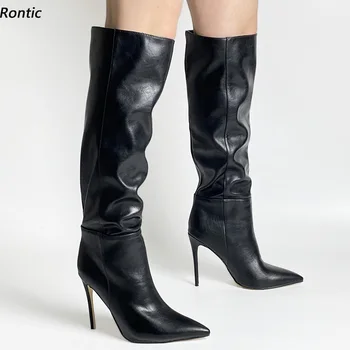 Rontic/Нови Модни дамски зимни ботуши До коляното От изкуствена кожа На висок ток с остър пръсти, елегантни черни вечерни обувки, размер САЩ 5-13