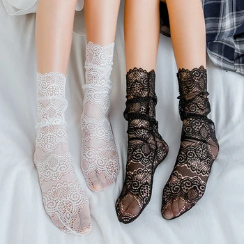 Дантелени Чорапи Дамски Прозрачни Секси Мрежести Чорапи С Волани, Прозрачни Мрежести Черни и Бели Дамски Чорапи В стил Лолита 
