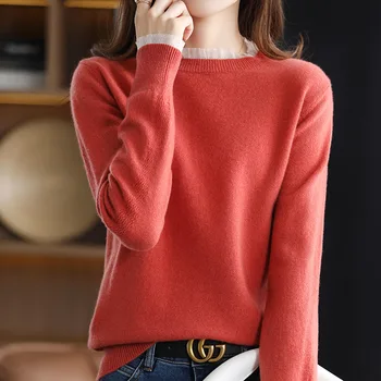 Есенно-зимния Плътен пуловер от чиста вълна, с кръгло деколте, женски Модерен Обикновен вълнен пуловер, елегантен, Универсален Пуловер
