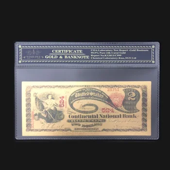 Златни банкноти Ница 1875 година в Америка 2 Доларови банкноти от 24-каратово злато Фалшиви банкноти с рамка COA За Събиране
