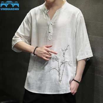 Лятна Мъжка риза с бродерия от бамбук с къс ръкав, Бельо Готина мъжка тениска с V-образно деколте, китайски Стил, Свободна Лека Луксозна Ежедневни Риза