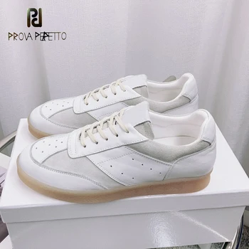 Малки бели обувки дантела с кръгла пръсти в тон, нови спортни немски обувки на плоска подметка от телешка кожа, универсална ежедневни обувки