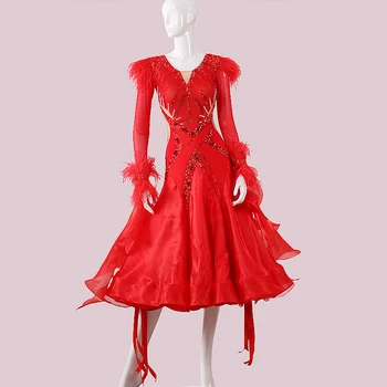 Новини 2022 година топката Червено стандартно рокля за балните танци, облекло за валс-MD951